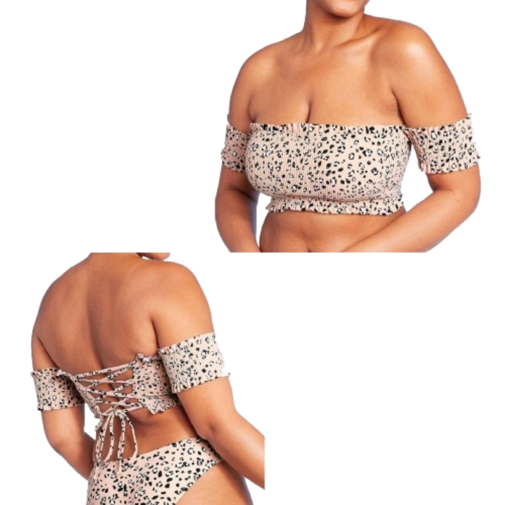 Xhilaration Animal Print Bikini Top Tan Smocked Off-Shoulder Lace-Up NWT